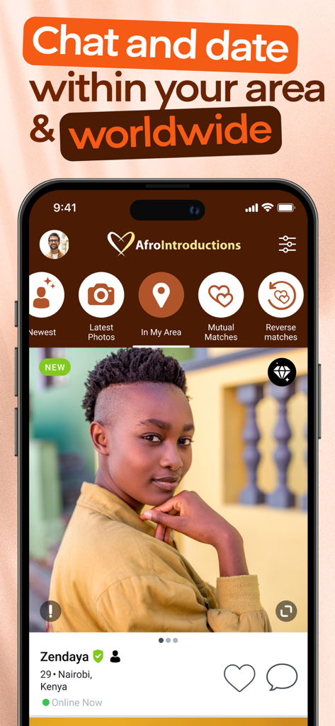 Interface de l'application AfroIntroductions montrant le profil d'une femme africaine et la navigation pour les rencontres locales et mondiales