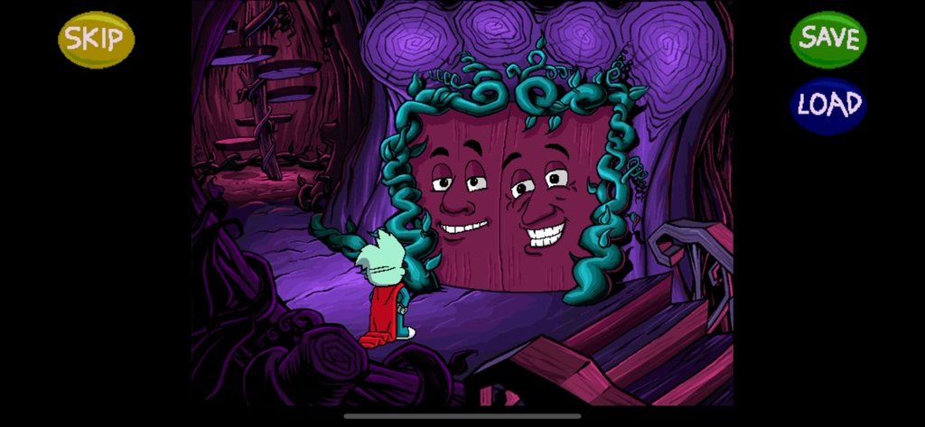 Pajama Sam standing in front of a large purple door with two smiling faces in a dark cave.