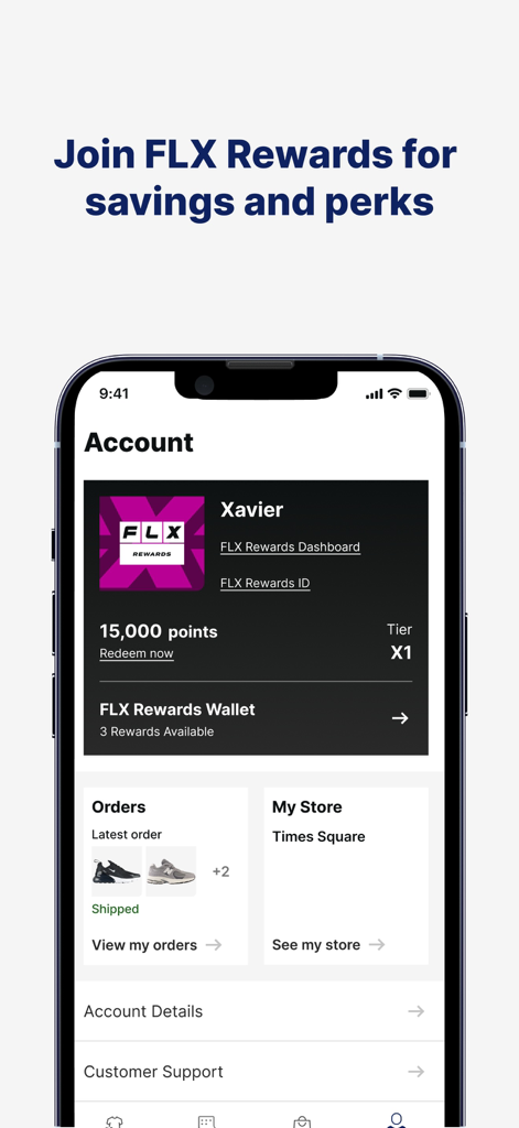 Interfaz de la cuenta de usuario de la aplicación Champs Sports que muestra los puntos FLX Rewards y los detalles del programa de fidelización