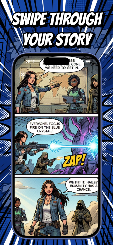 Una pantalla de smartphone que muestra tres paneles de una historia de cómic llena de acción generada por la aplicación RYU.