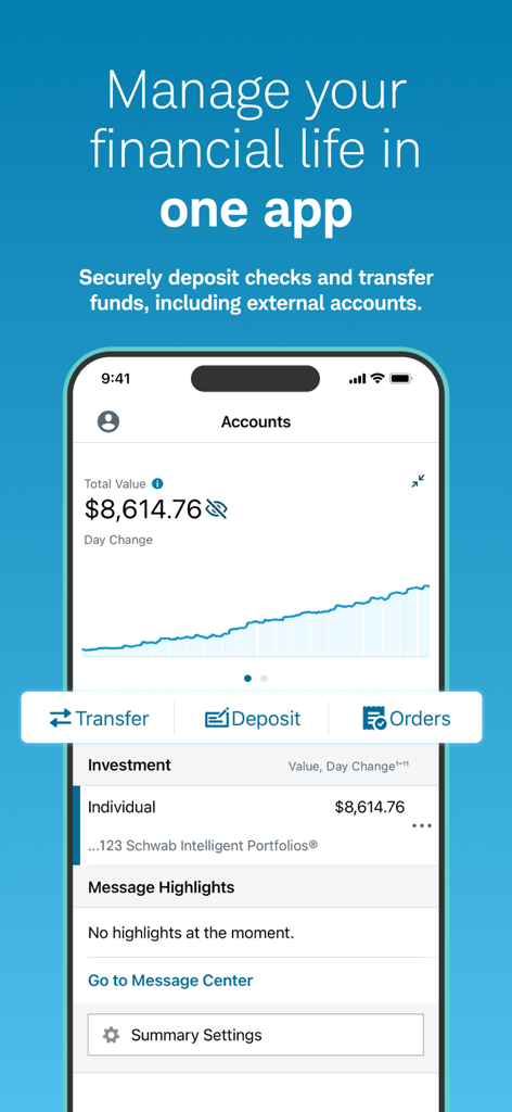 Smartphone displaying Schwab Mobile app account overview with balance and portfolio chart