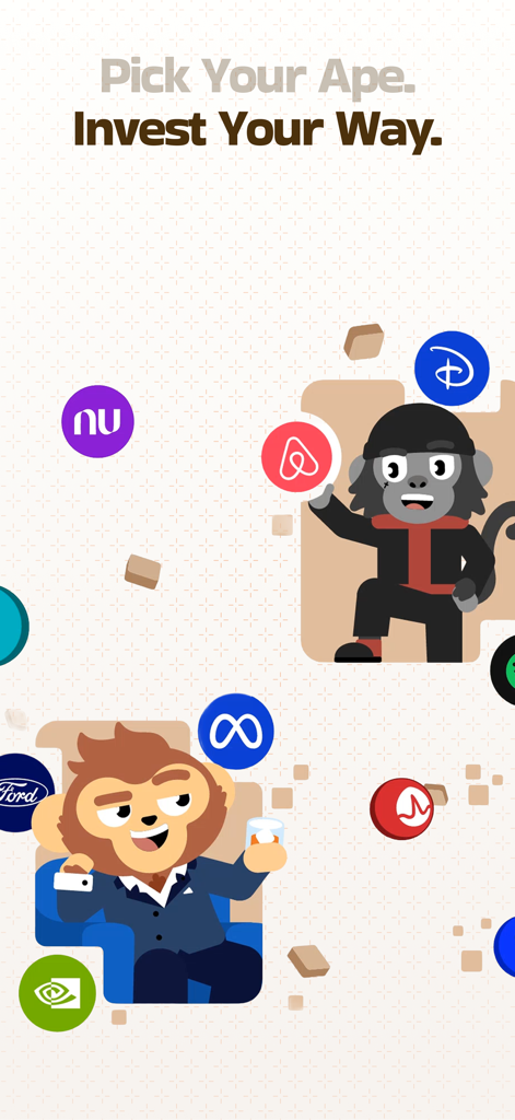 Cartoon ape characters representing different investment styles surrounded by popular stock company logos