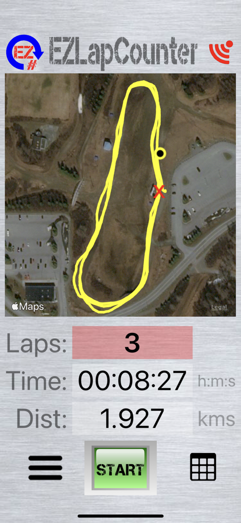 EZLapCounter - EZLapCounter 앱 인터페이스가 GPS 지도를 보여주며 야외 랩을 추적하고 시간 및 거리 통계 표시