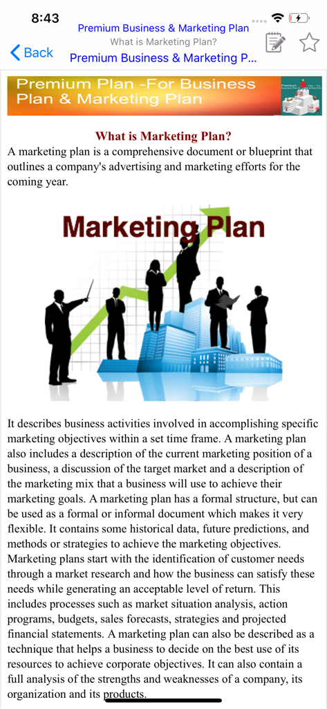 비즈니스 팀 일러스트와 함께 마케팅 계획 정의를 보여주는 앱 화면