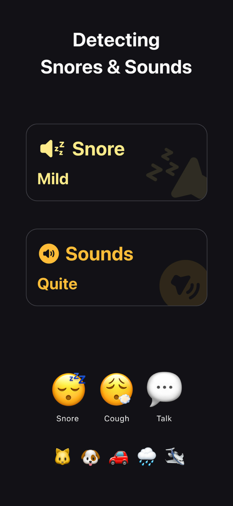 A screen from the Rem sleep tracking app showing snore and sound detection features with categories for mild snoring and quiet ambient sounds using emojis for various noises like coughing, talking, and environmental sounds.