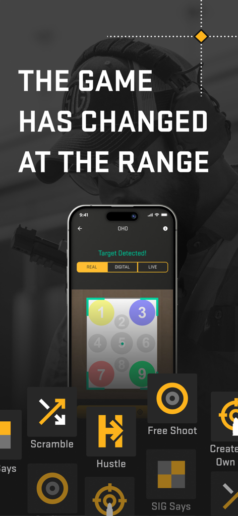 SIG CONNECT - SIG CONNECT app interface showing target detection and shooting game modes.