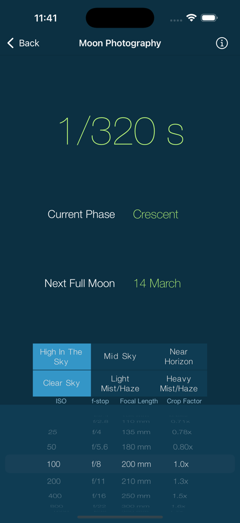 LExp - Long Exposure Calcs - Interface of the Moon Photography calculator within the LExp app showing shutter speed and camera settings