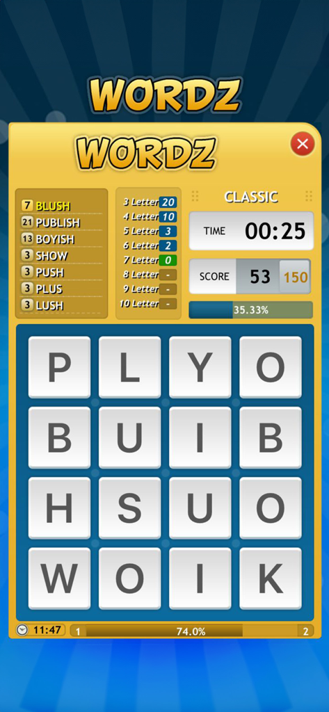 Wordz Plus gameplay screen featuring a letter grid and word score tracking.