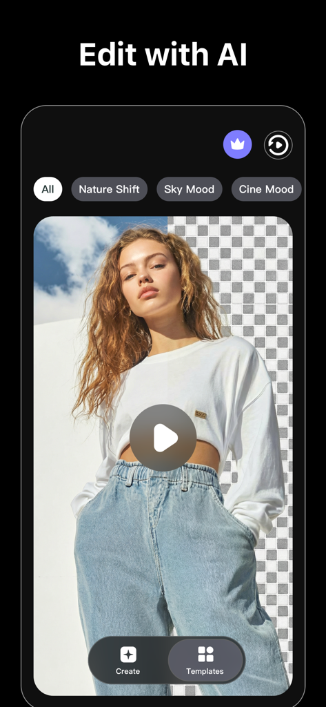 VE AI Video Generatorアプリのインターフェース。ファッションモデルの動画で背景除去機能が表示されています。