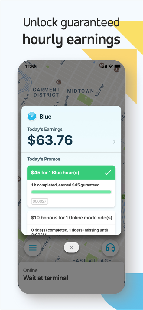 Via Driver - Interface de l'application Via Driver affichant les revenus horaires garantis et les récompenses promotionnelles quotidiennes sur une carte de ville
