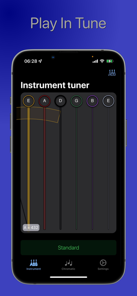 Smartphone screen showing the Get Tuned guitar tuner interface with six strings and 432Hz frequency setting