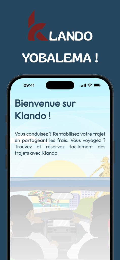 Klando - セネガル旅行用Klandoカープーリングアプリのウェルカム画面