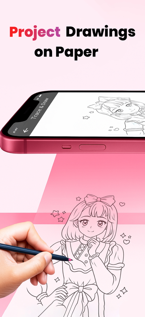 AR Drawing: Trace & Sketches - A person using a smartphone to project and trace an anime sketch onto a sheet of paper.