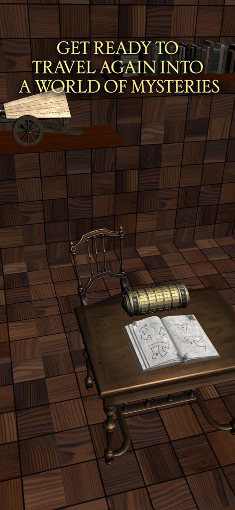 The Da Vinci Cryptex 2 - Un cryptex dorado y un libro de acertijos abierto sobre un escritorio de madera en una sala misteriosa