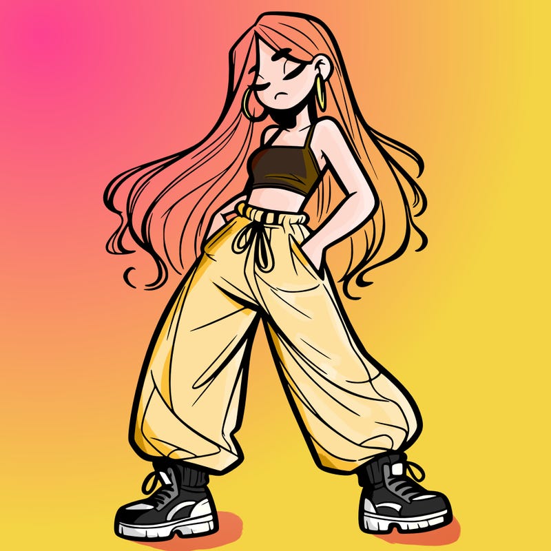 girl in baggy pants crop top and long hair
