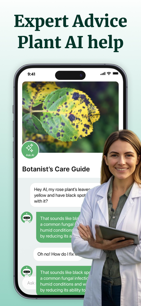 Écran d'application mobile montrant un chat de botaniste IA diagnostiquant une feuille avec des taches jaunes et noires.