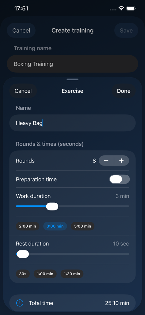 BoxTime - Boxing Timer - Interface para criar uma sessão de treino personalizada com saco de pancadas no aplicativo de cronômetro de boxe BoxTime, mostrando configurações de round e duração
