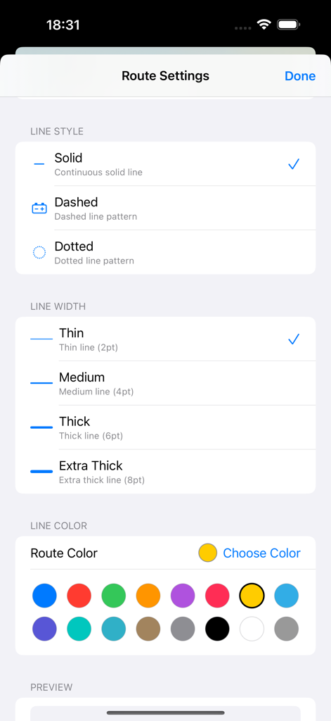 TravelMapped - Menú de configuración de ruta que muestra opciones de personalización para el estilo, ancho y color de la línea.