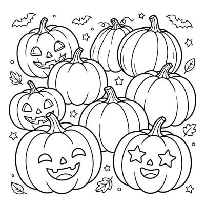 Celebrate Halloween with this delightful coloring page featuring a patch full of friendly pumpkins. Kids will love bringing these cheerful jack-o'-lanterns and uncarved pumpkins to life with their favorite colors.