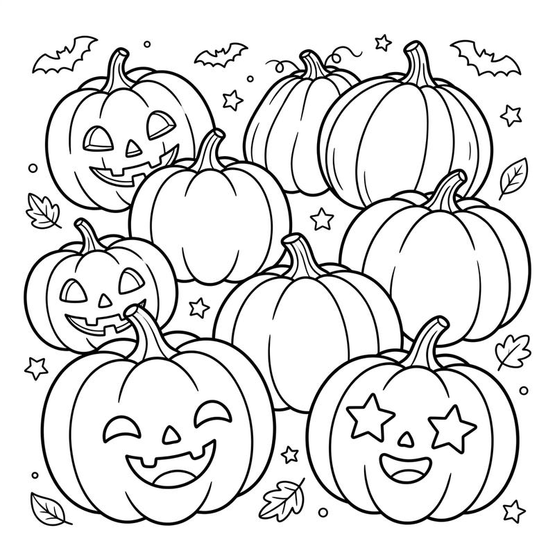 Celebrate Halloween with this delightful coloring page featuring a patch full of friendly pumpkins. Kids will love bringing these cheerful jack-o'-lanterns and uncarved pumpkins to life with their favorite colors.