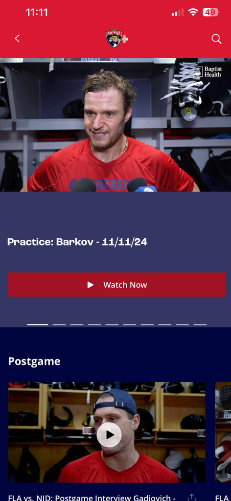 Panthers Plus - Oberfläche der offiziellen Streaming-App der Florida Panthers mit Spielerinterviews und Highlights nach dem Spiel