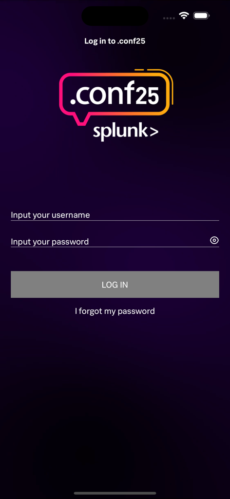 Tela de login do aplicativo móvel do evento Splunk .conf25 apresentando campos de entrada de nome de usuário e senha e o logotipo do evento.