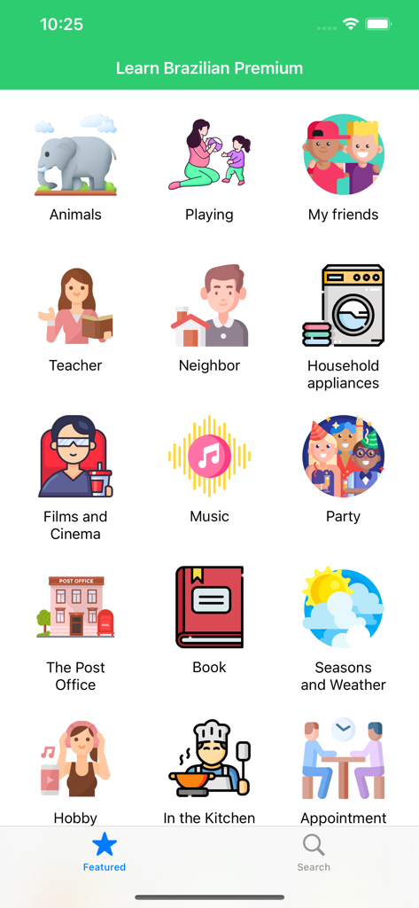 Learn Brazilian Portuguese Pre - A screen displaying various Brazilian Portuguese learning topics such as music, hobbies, and kitchen vocabulary icons.