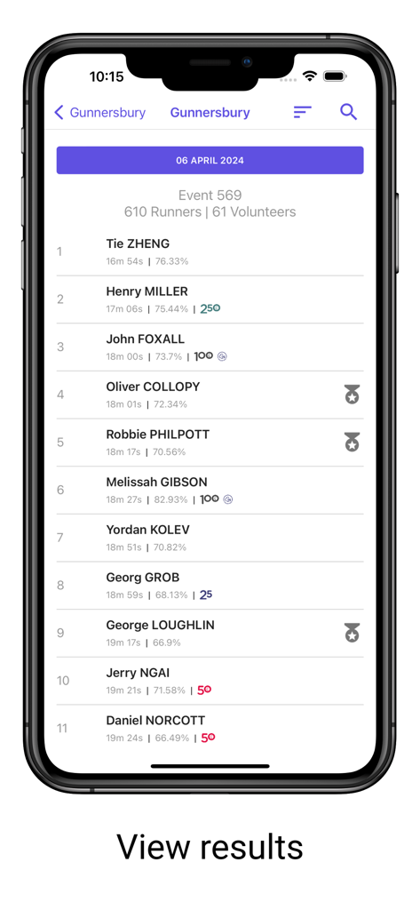 5K parkrunner results - A mobile phone screen displaying a parkrun event results list with runner names, finishing times, and achievement badges.