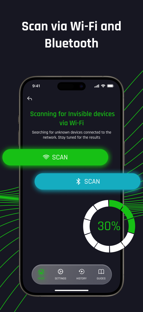 Spy Camera Detector : GR8 - Interfaz de la aplicación Spy Camera Detector GR8 escaneando dispositivos invisibles a través de Wi-Fi y Bluetooth