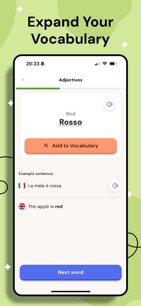 A mobile app interface showing a vocabulary lesson for the Italian word for red