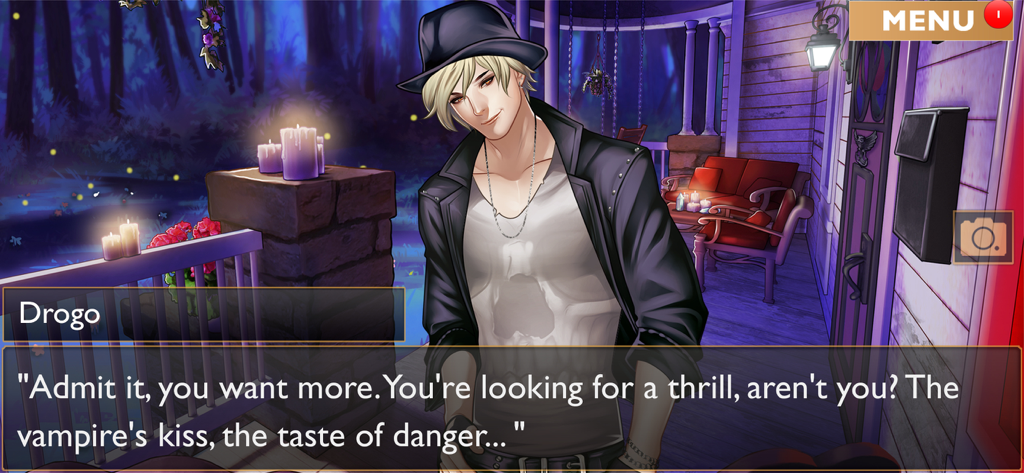 Character Drogo talking on a terrace in the game Is It Love Drogo Vampire