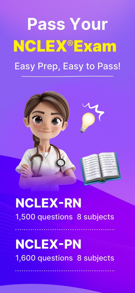 NCLEX® Exam Prep 2026 - NCLEX Exam Prep app showing RN and PN study tracks with practice questions and subjects