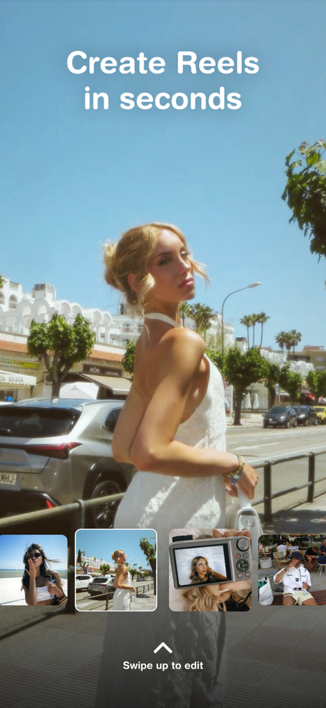 PRESETS: Filters for Pictures - A mobile app screenshot showing a woman in a white dress with the text Create Reels in seconds and a row of photo thumbnails at the bottom.