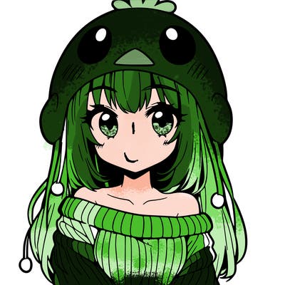 anime girl with chick shaped hat with sweater with bare shoulders with bangs covering them one eye with low tail