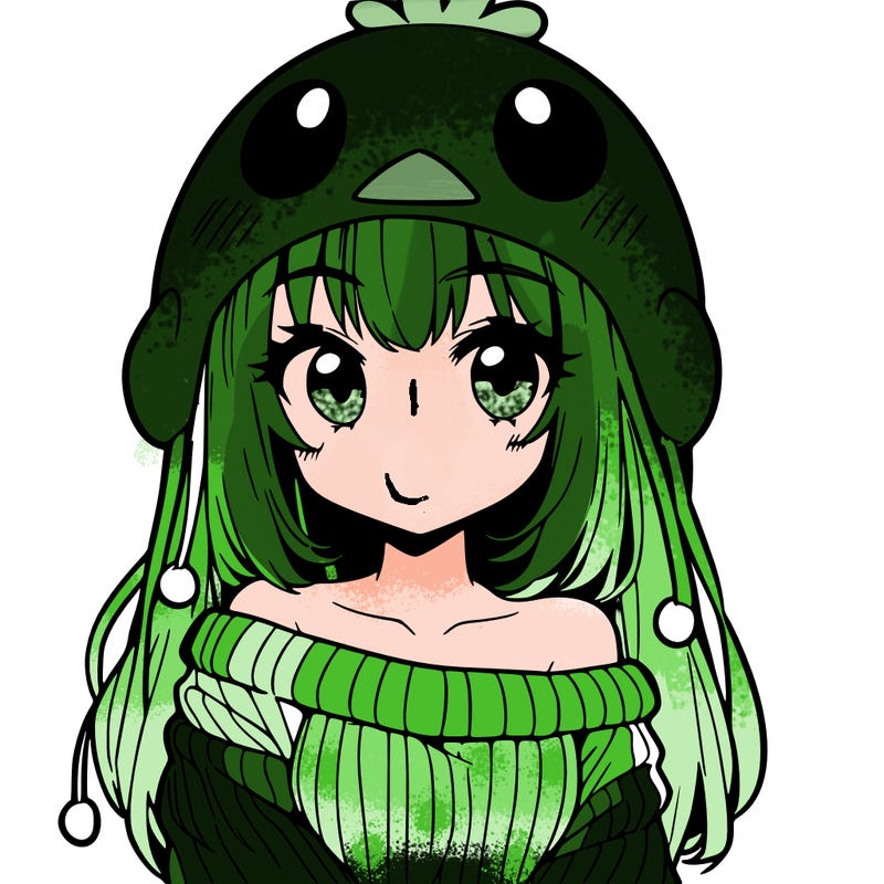 anime girl with chick shaped hat with sweater with bare shoulders with bangs covering them one eye with low tail