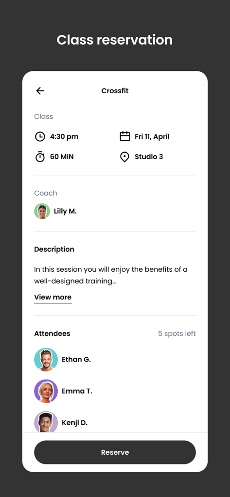Bridge Athletics - CrossFit class reservation screen in the Bridge Athletics app showing session details coach information and a reserve button