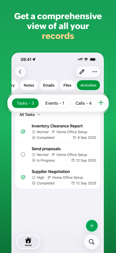 A mobile view of the Bigin CRM app showing a list of business tasks and activity records