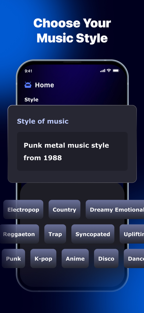 AI Song Generator: Music Maker - Mobile interface of AI Song Generator app for choosing music styles and genres