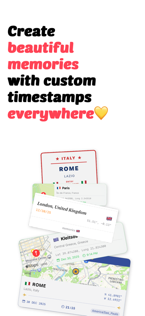 Examples of custom timestamp and GPS location overlays including city names, coordinates, and map snapshots.