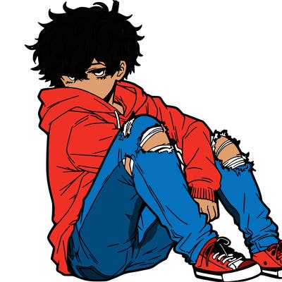 a male hoddie ripped jeans messy hair anime