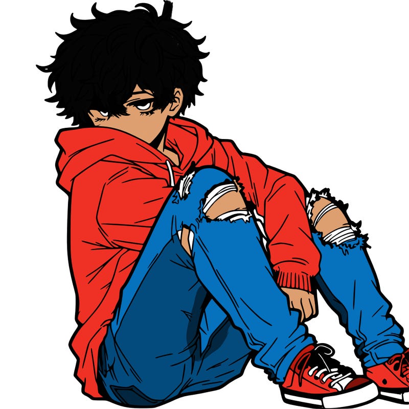a male hoddie ripped jeans messy hair anime