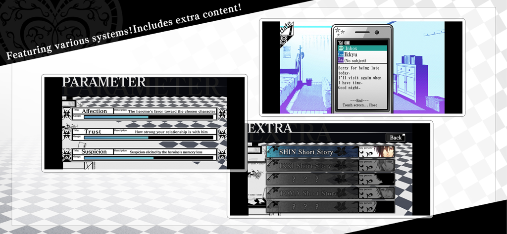 A collage showing relationship parameters and extra character short stories in the Amnesia Memories mobile game.