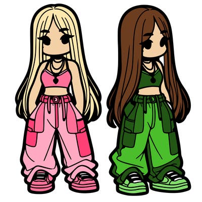 girl in baggy pants crop top and long hair