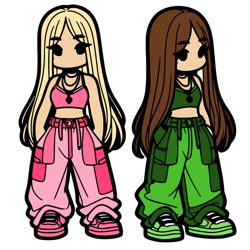 girl in baggy pants crop top and long hair