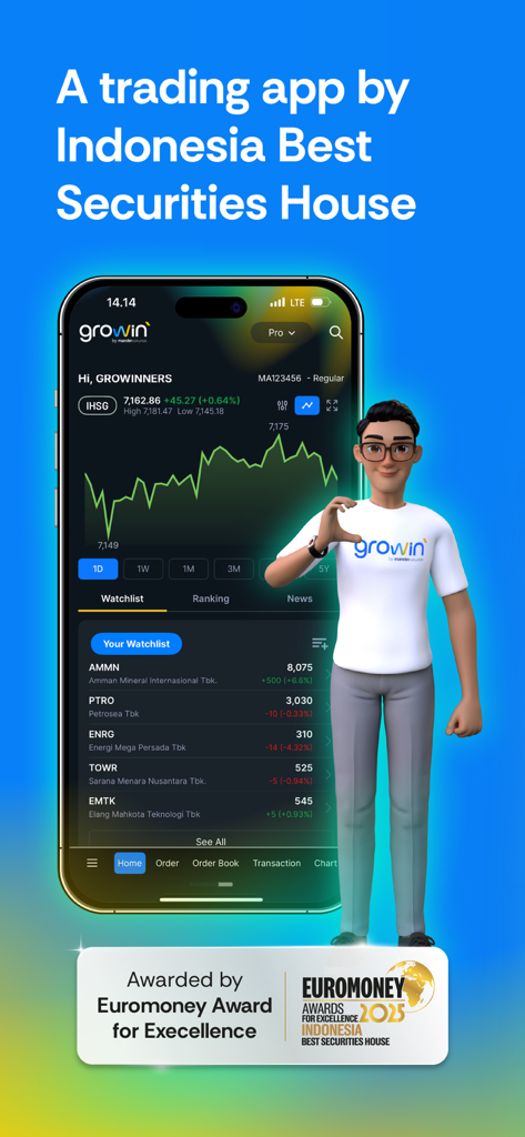 Growin' - Invest & Trade - Pantalla de la aplicación de trading Growin que muestra datos del mercado de acciones indonesio y una lista de seguimiento.