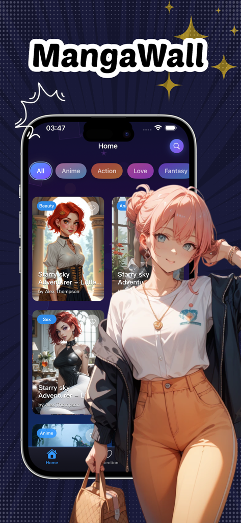 Startbildschirm der MangaWall-App, der hochauflösende Anime- und Manga-Hintergründe auf einer iPhone-Oberfläche anzeigt