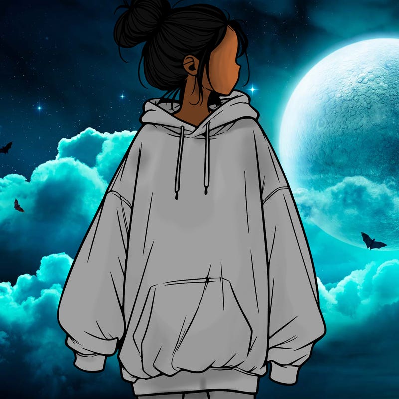 realistic girl with a oversized sweatshirt on and a bun