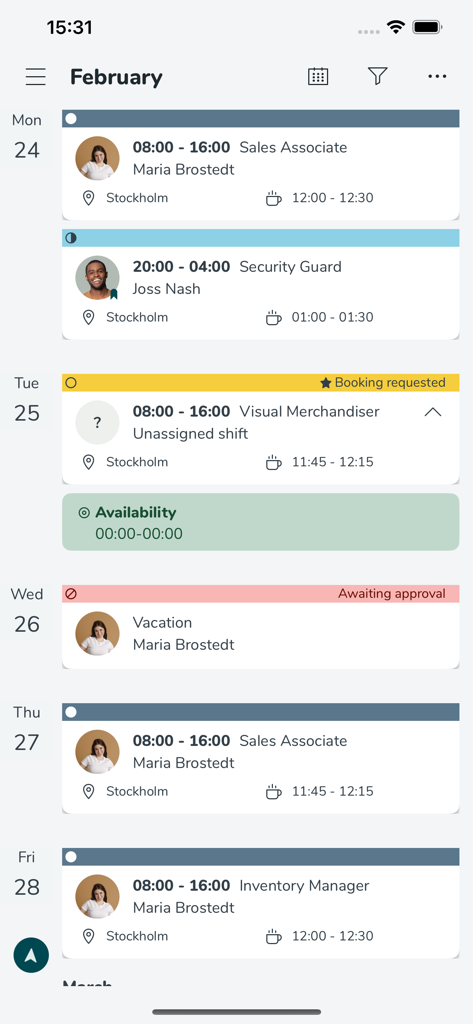 Screenshot of the Quinyx Mobile app weekly schedule view showing assigned shifts and vacation requests