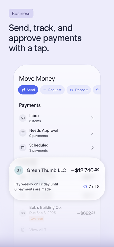 Mercury | Bank Differently - Interfaz de la aplicación Mercury que muestra la gestión de pagos empresariales y las funciones de aprobación con un diseño minimalista y limpio