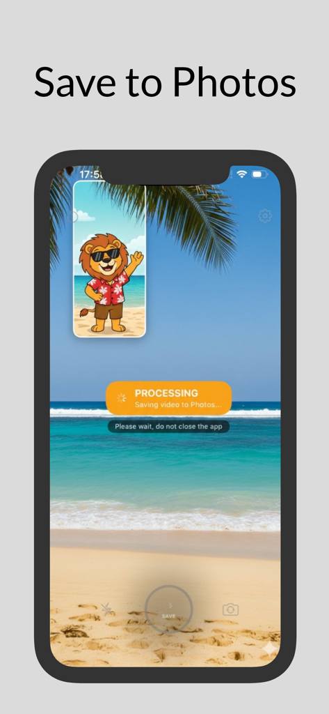 듀오 캠 앱의 스크린샷으로 화면 속 화면 모드로 처리 중인 비디오가 기기 사진 라이브러리에 저장되는 것을 보여줍니다.